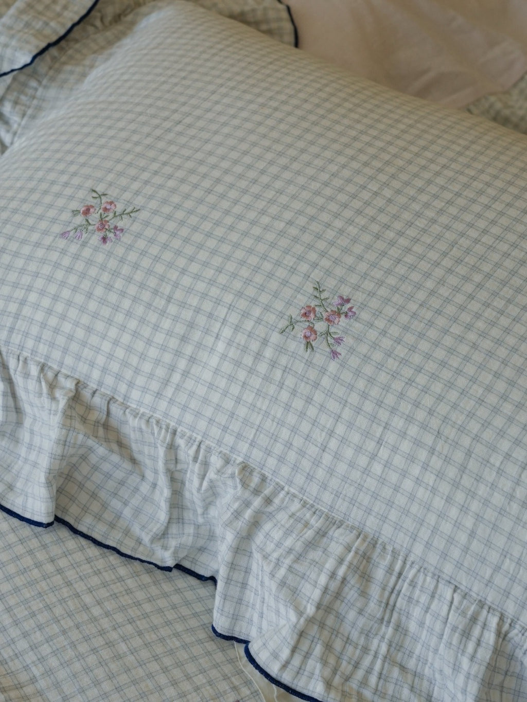Florabelle Blue Gingham Embroidered Muslin Bedding Set original reference image 2