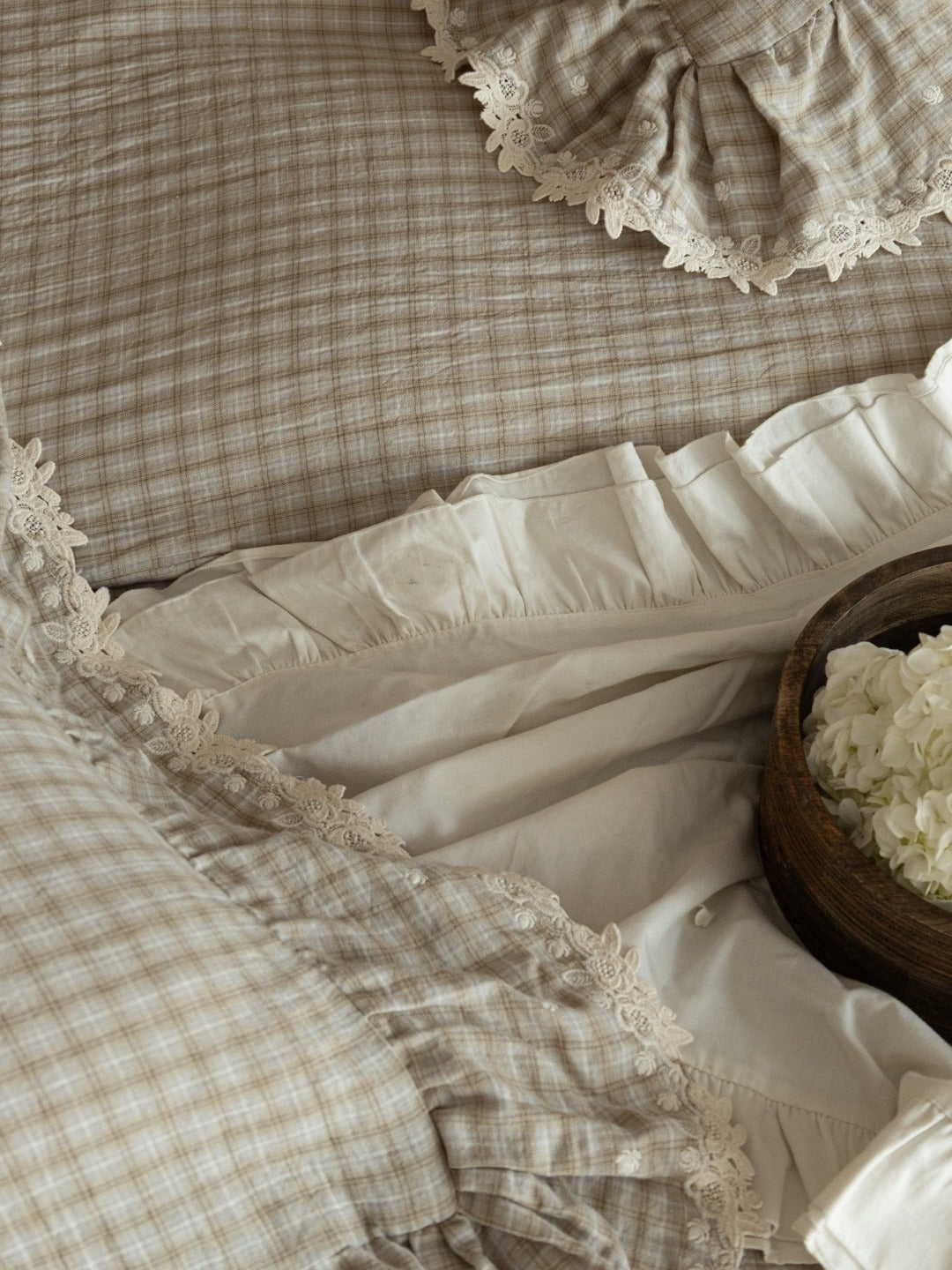 Misty Letter Beige Gingham Lace Muslin Bedding Set original reference image 1
